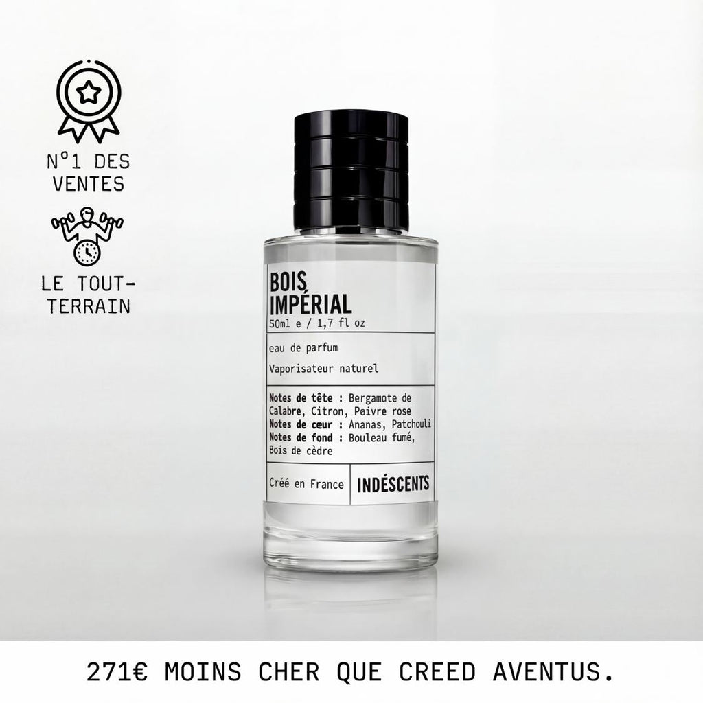 Flacon Bois Impérial Indéscents, eau de parfum 50 ml inspirée de Creed Aventus, capsule noire