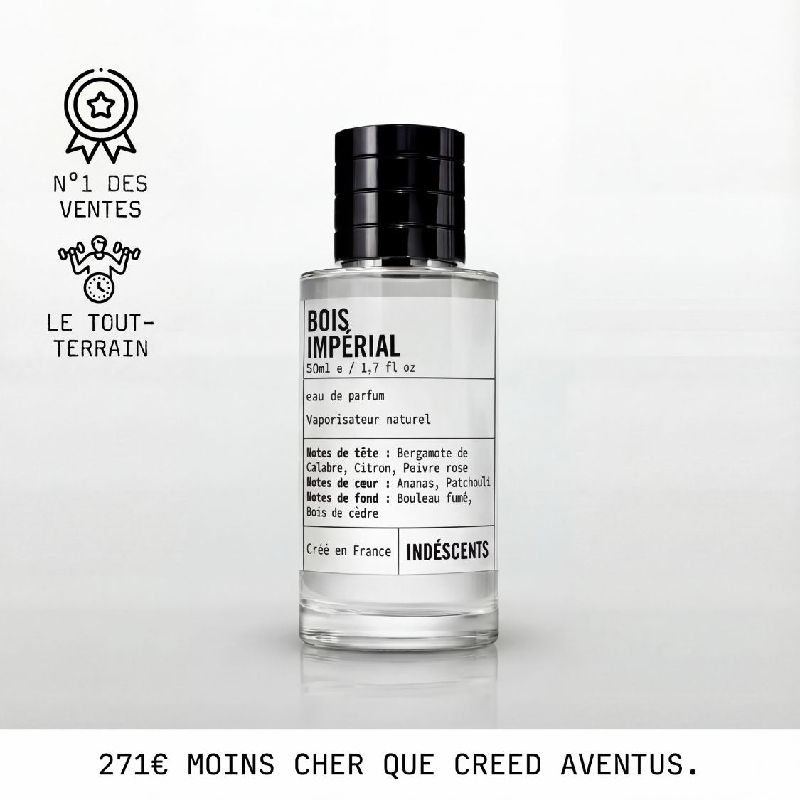 Flacon Bois Impérial Indéscents, eau de parfum 50 ml inspirée de Creed Aventus, capsule noire