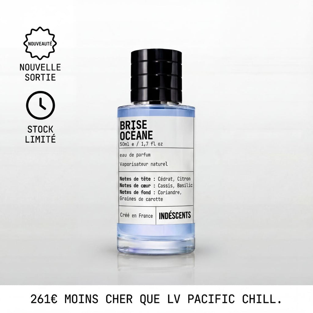 Flacon Brise Océane d'Indéscents, eau de parfum inspirée de Louis Vuitton Pacific Chill, notes de cédrat et cassis