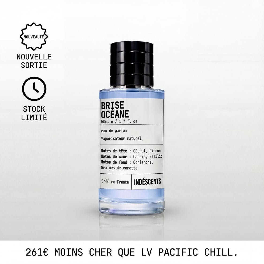 Flacon Brise Océane d'Indéscents, eau de parfum inspirée de Louis Vuitton Pacific Chill, notes de cédrat et cassis