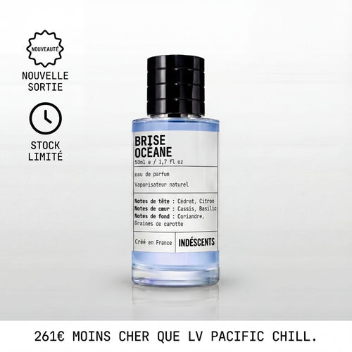 Flacon Brise Océane d'Indéscents, eau de parfum inspirée de Louis Vuitton Pacific Chill, notes de cédrat et cassis