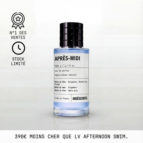 Flacon Après-Midi Indéscents, eau de parfum fraîche aux agrumes inspirée de Louis Vuitton Afternoon Swim, 50 ml