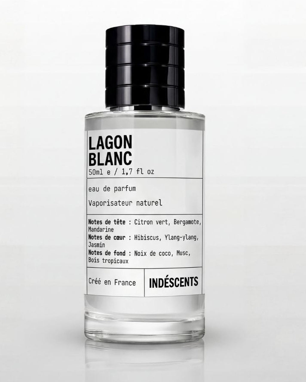 Flacon Lagon Blanc Indéscents 50 ml, eau de parfum inspirée de Creed Virgin Island Water, jus transparent