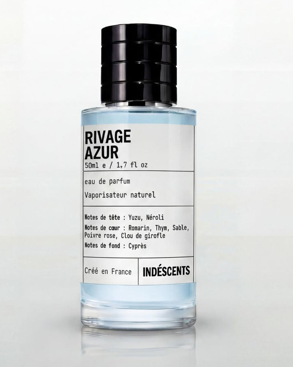 Flacon Rivage Azur Indéscents, eau de parfum bleu clair inspirée de Louis Vuitton On The Beach, 50 ml
