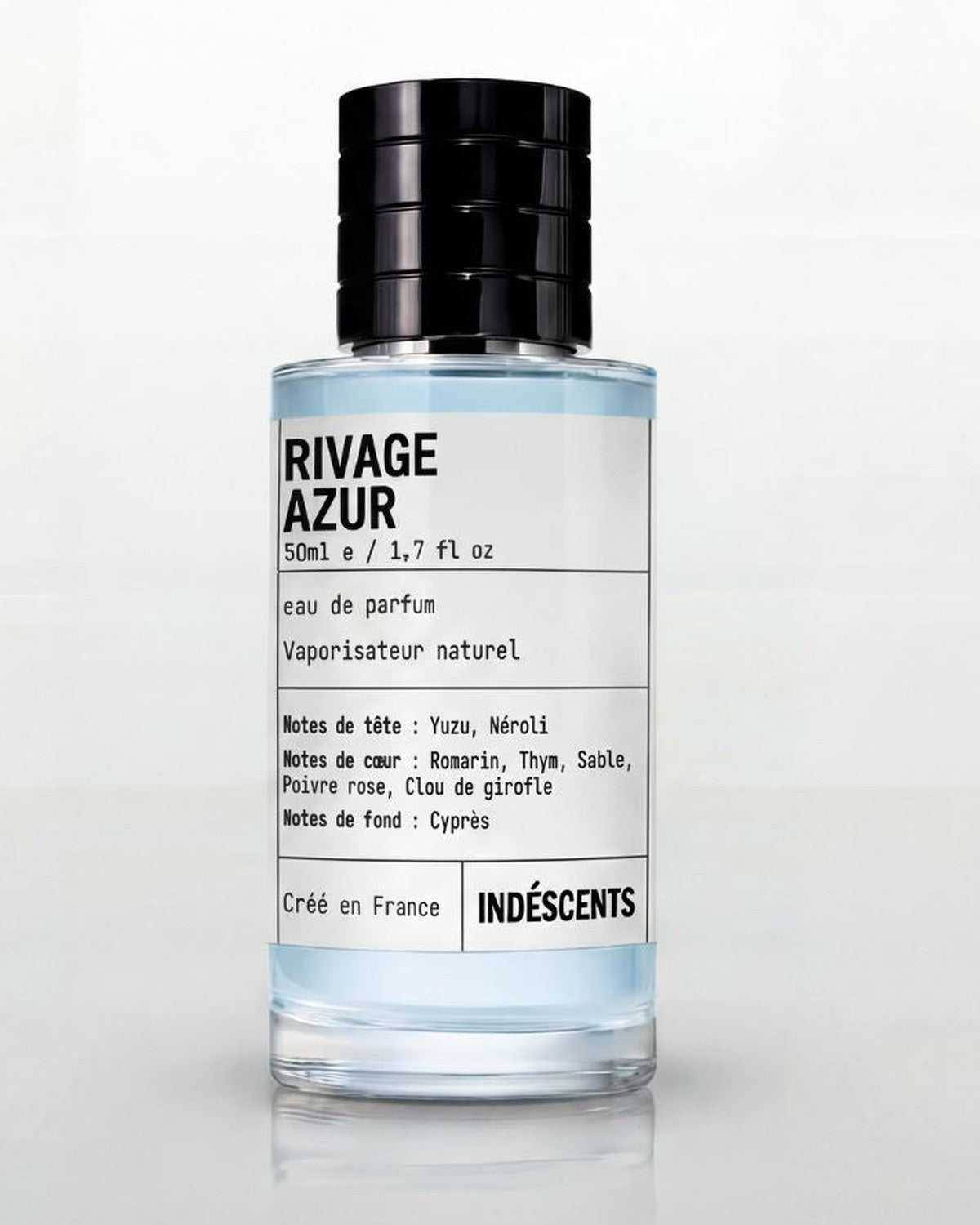 Flacon Rivage Azur Indéscents, eau de parfum bleu clair inspirée de Louis Vuitton On The Beach, 50 ml