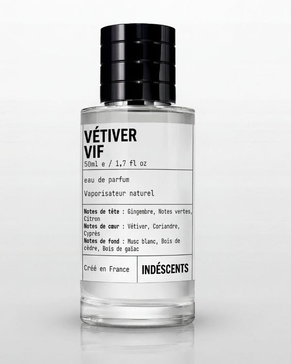 Flacon Vétiver Vif Indéscents, eau de parfum fraîche inspirée de Creed Original Vetiver