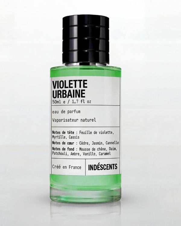 Flacon Violette Urbaine Indéscents, eau de parfum verte inspirée de Bond No. 9 Bleecker Street